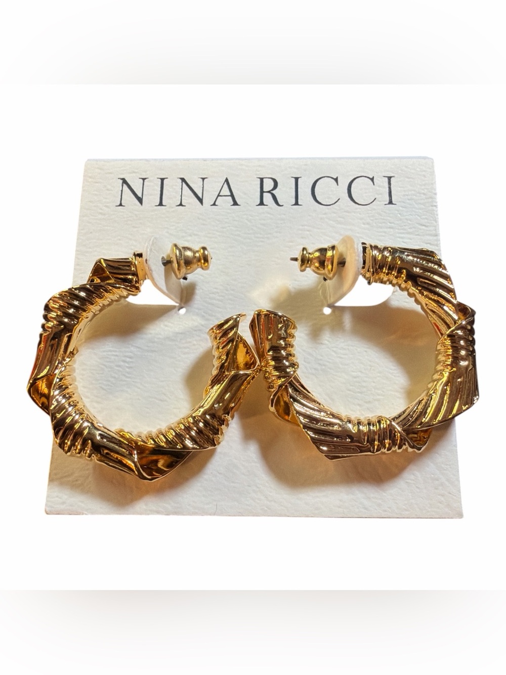 VTG Nina Ricci Chunky Twisted Ribbon Hoop Earrings Pierced Gold Textured NWT